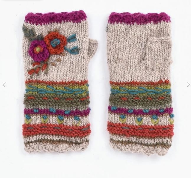 Handknit Nepalese hand warmers, 100% wool, in natural with colorful accents.