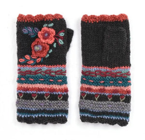 Handknit Nepalese hand warmers, 100% wool, in black with colorful accents.