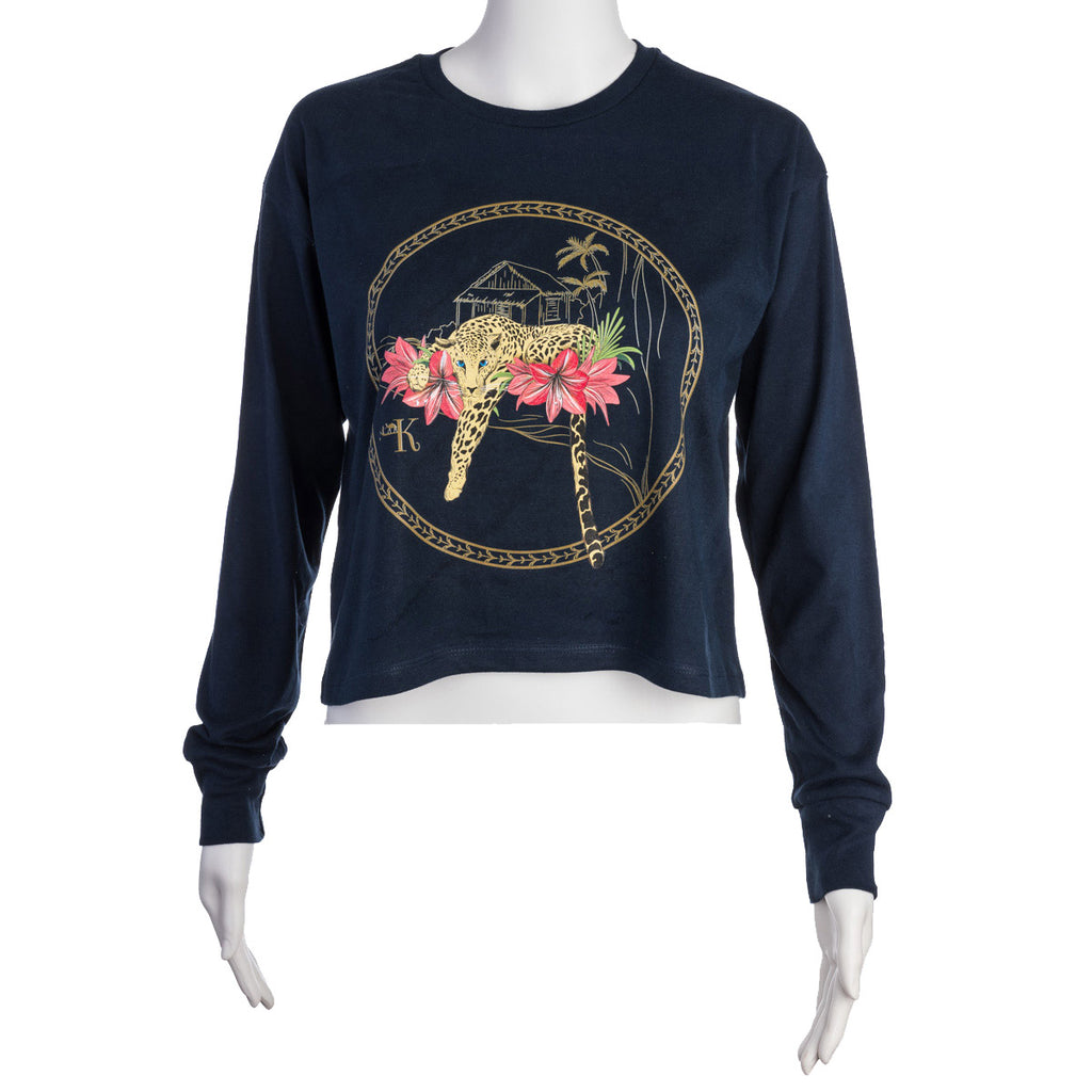 Navy long sleeve crop top with leopard graphic