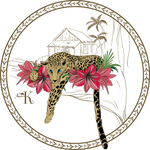 A close up drawing of our beloved leopard named Africa. She is surrounded by vibrant pink and green flora. An island bungalow and palm trees are in the background.