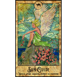 A full color graphic of a winged spirit sitting on top of a mountain, surrounded by birds, clouds, sunshine and pink flower petals.