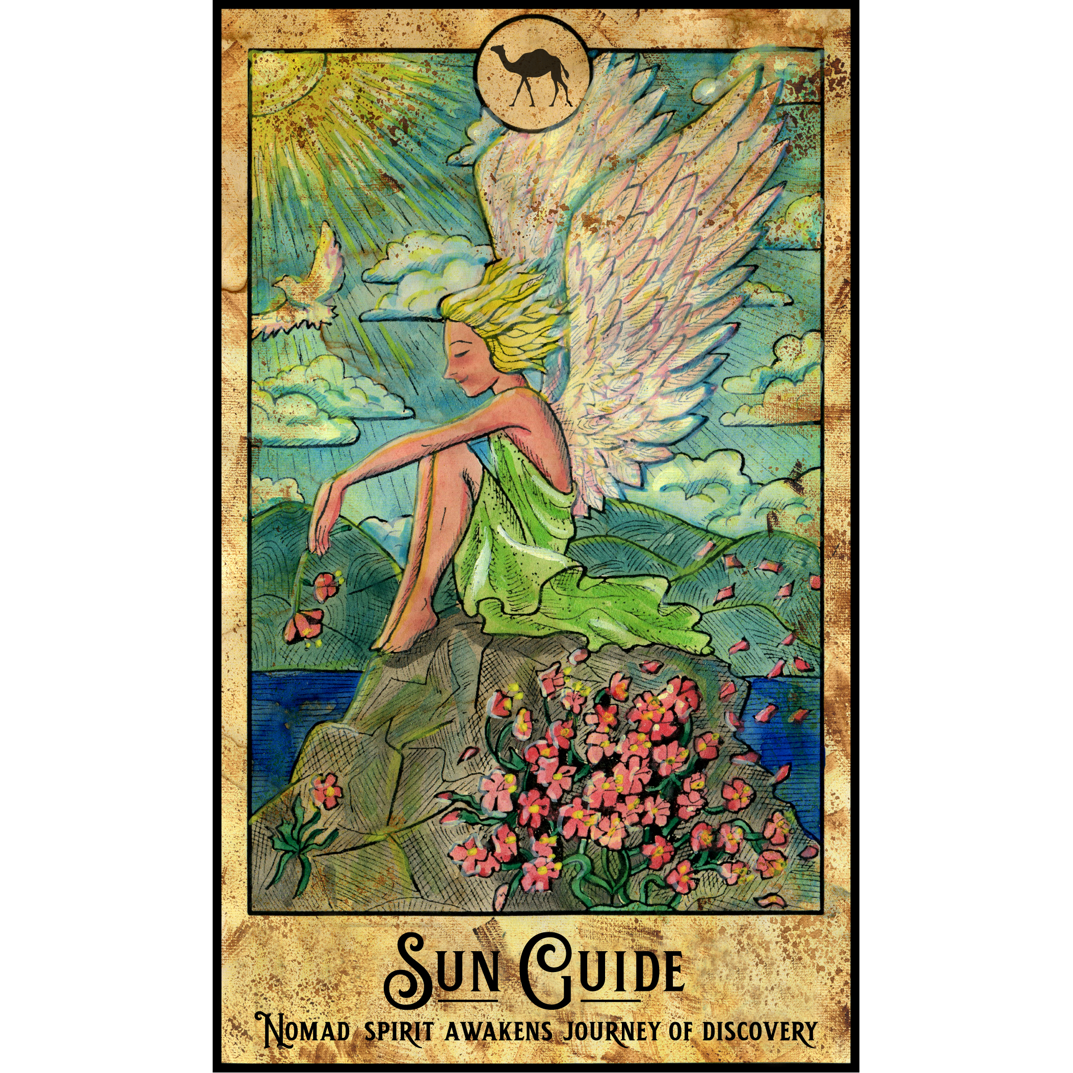 Image of artisan-designed graphic with winged nomad spirit on a mountain, with words "Sun Guide. Nomad spirit awakens journey of discovery" at bottom.