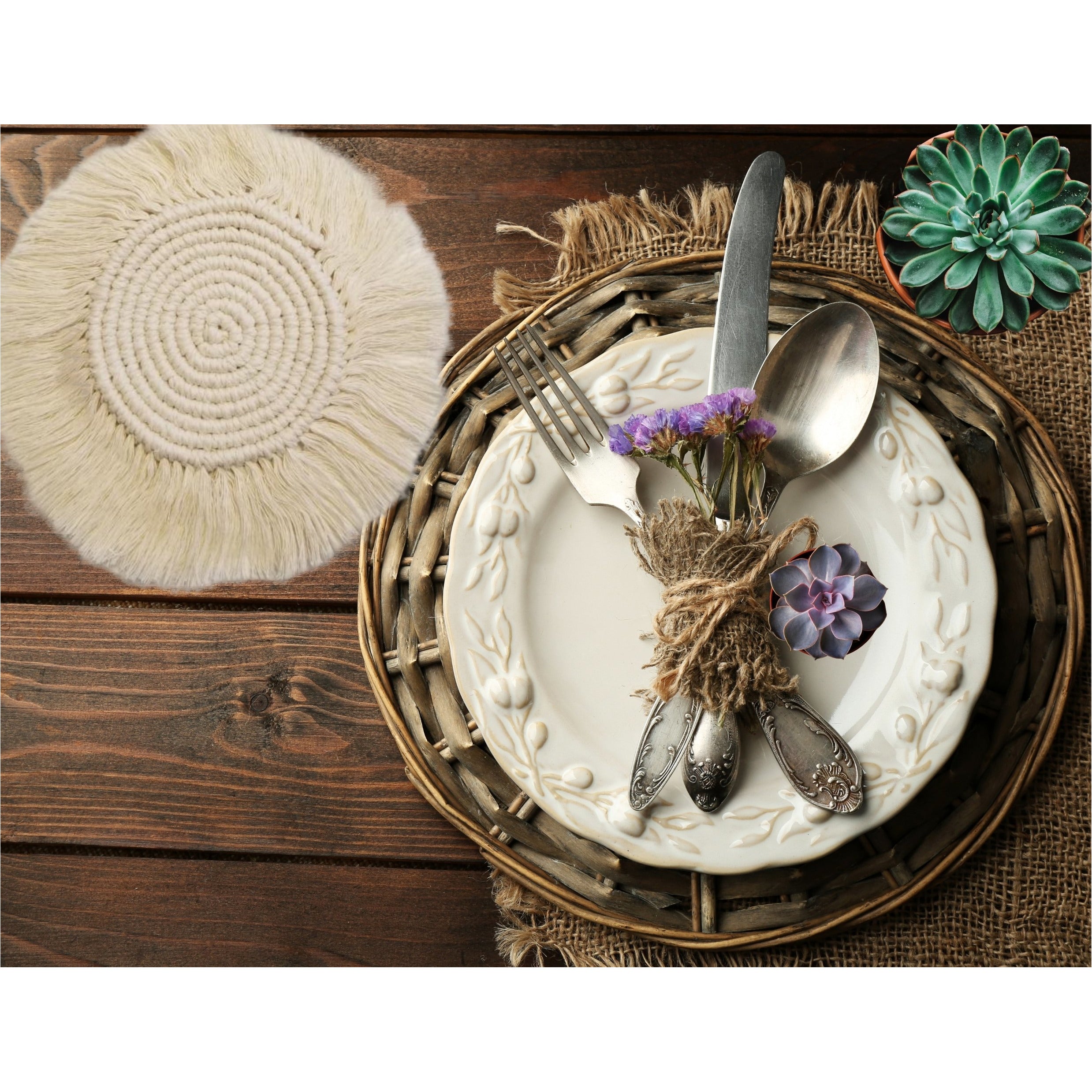 Set the tone outdoors as you layer an intimate table in the garden for friends this summer using our handmade macramé coasters for an effortless bohemian flair-Just add vibrant flowers, natural twigs, and summer textiles to complete the look. 