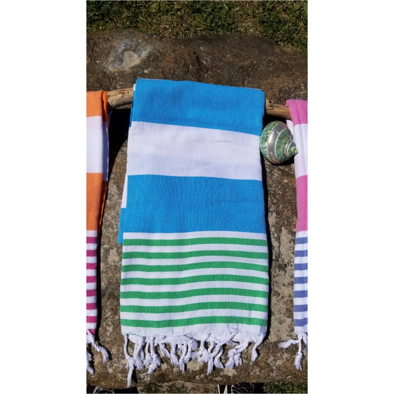 Over-sized, colorful bold stripes, our Mediterranean towel is beautifully hand-loomed with hand-tied fringe. 