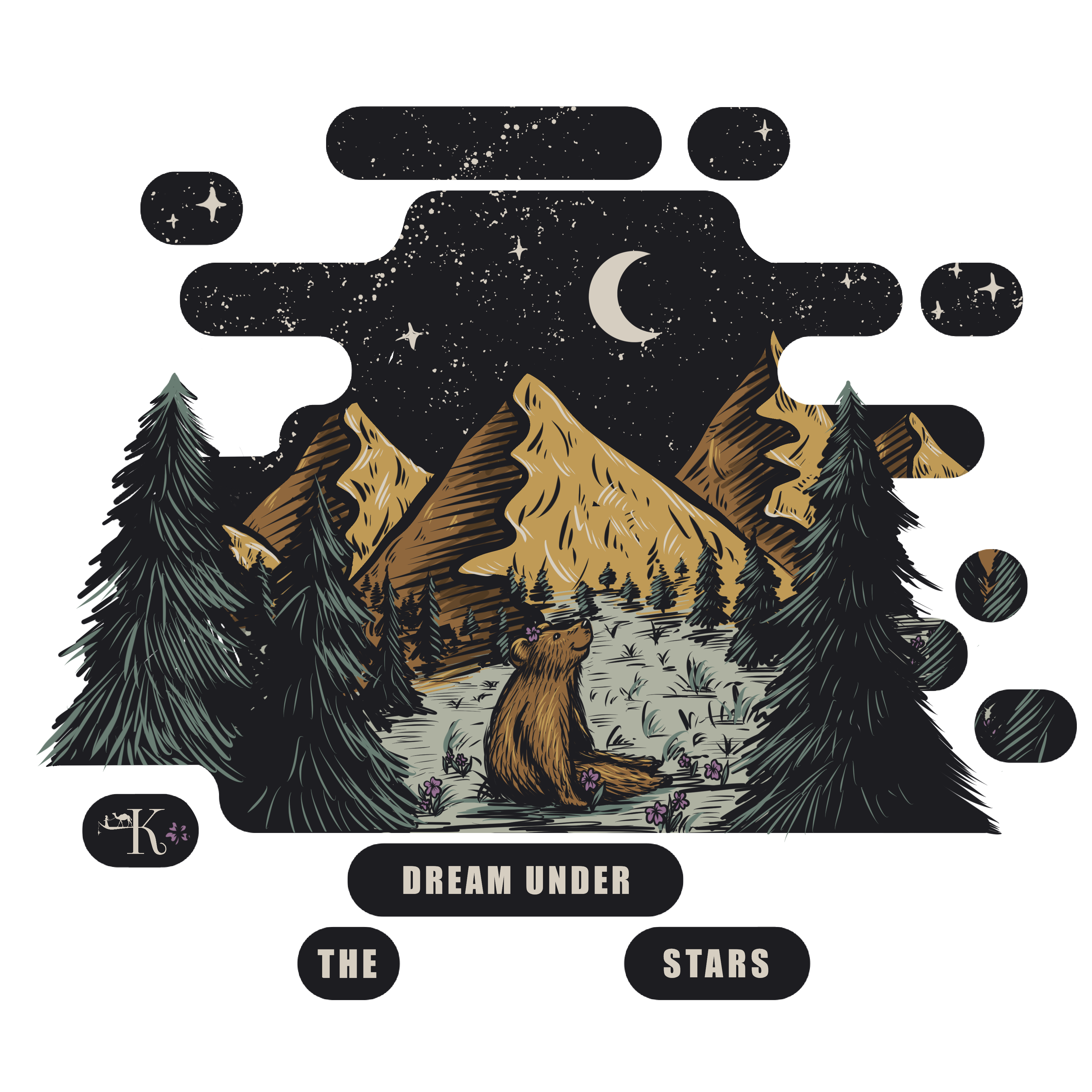 Graphic includes mountains, evergreen trees, moon and stars, and a bear with flowers in her hair.