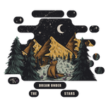 Graphic includes mountains, evergreen trees, moon and stars, and a bear with flowers in her hair.