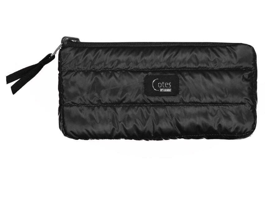 Quilted black down clutch bag, fully reversible.