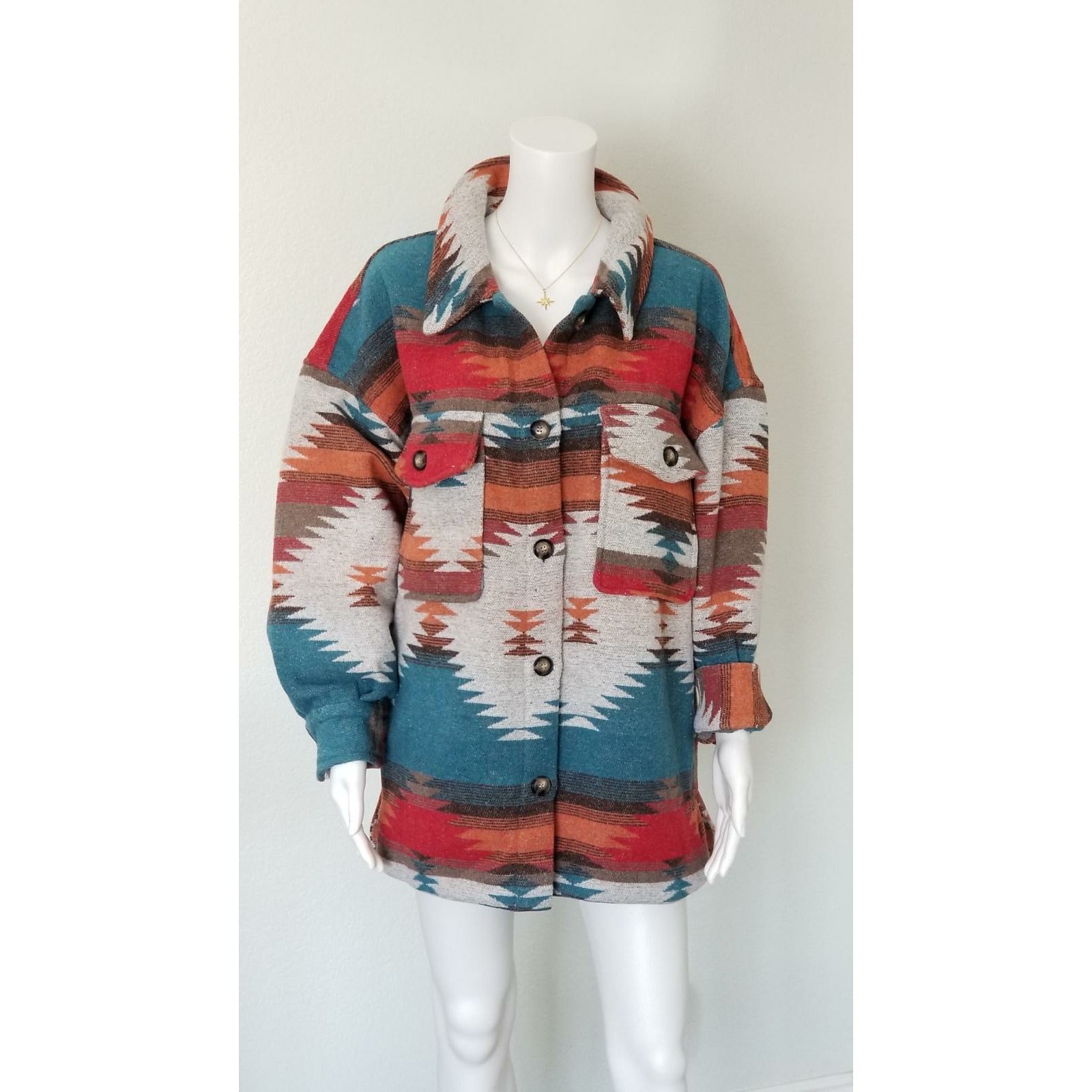 Oversized Aztec Inspired Geometric Print Jacket, red and teal with natural colors