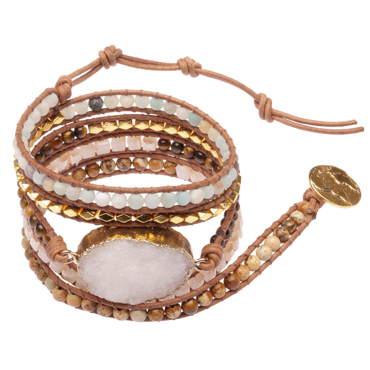 Our Travelers Bracelet with white agate natural stone wraps five times around the wrist. 